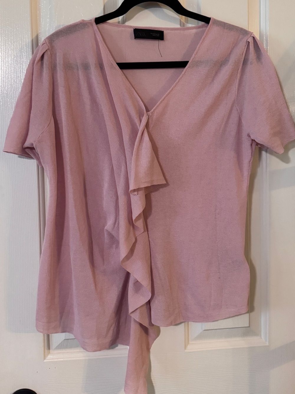 Zara Light Pink Ruffle V-Neck Short Sleeve Top